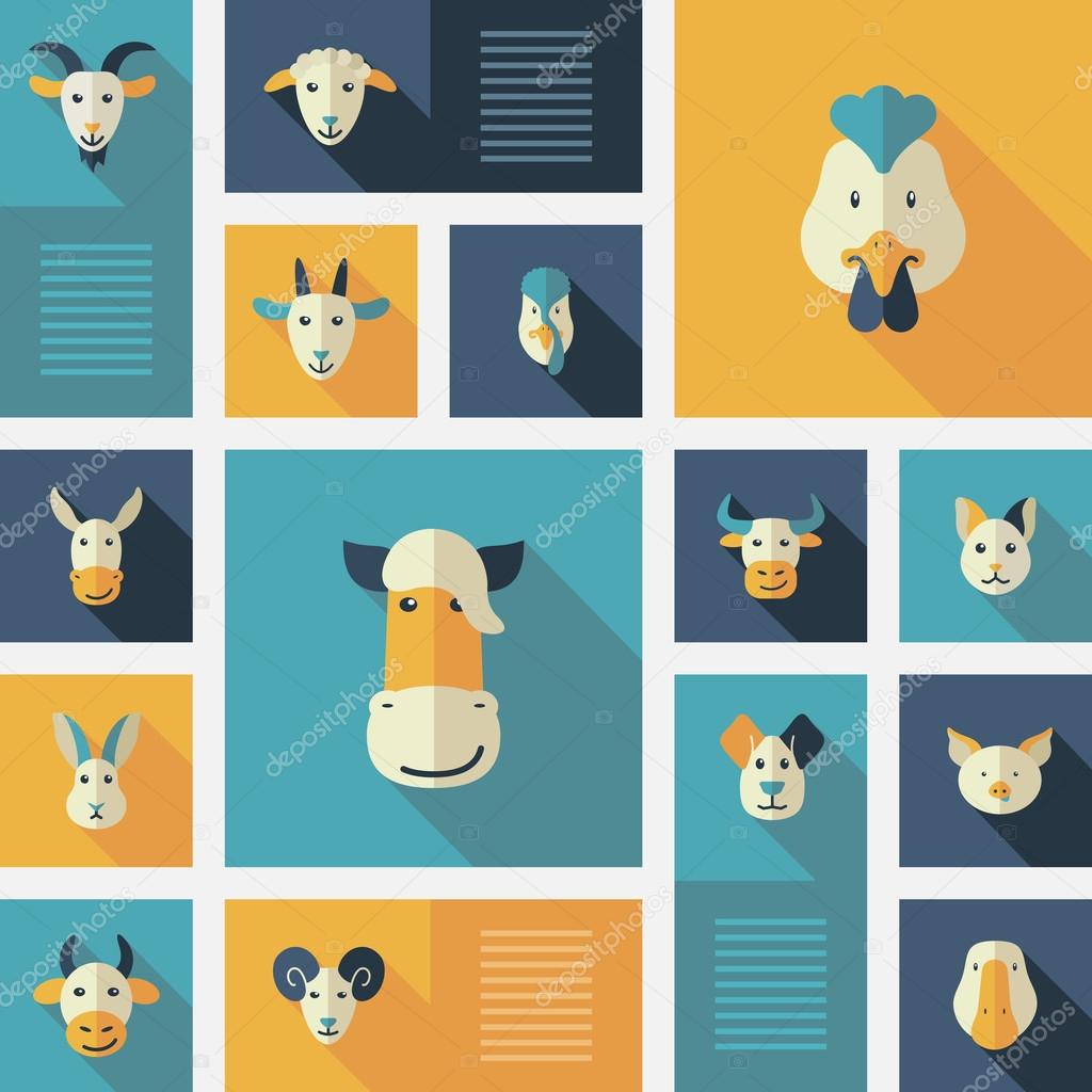 Colorful flat farm animals icons with long shadow