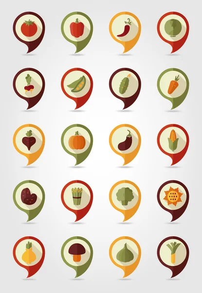 Vegetable mapping pins icons with long shadow — Stock Vector