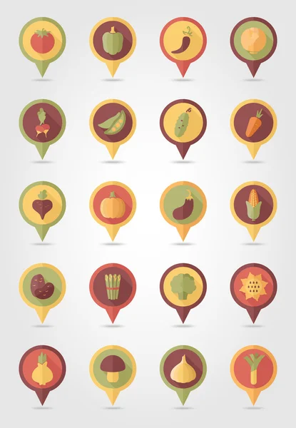 Gemüse-Mapping-Pins Symbole mit langem Schatten — Stockvektor