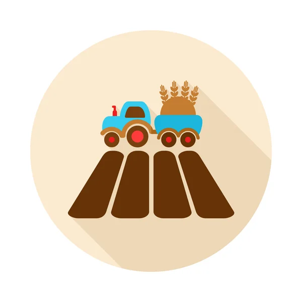 Tractor on field flat icon with long shadow — Stock Vector