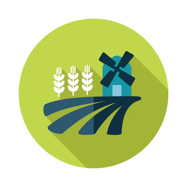 Champ avec moulin et icône plate de blé — Image vectorielle