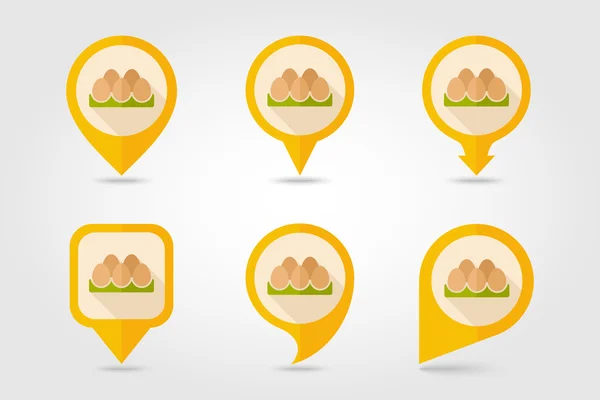 Huevos de pollo en una bandeja plana icono de pin de mapeo con sombra larga — Vector de stock