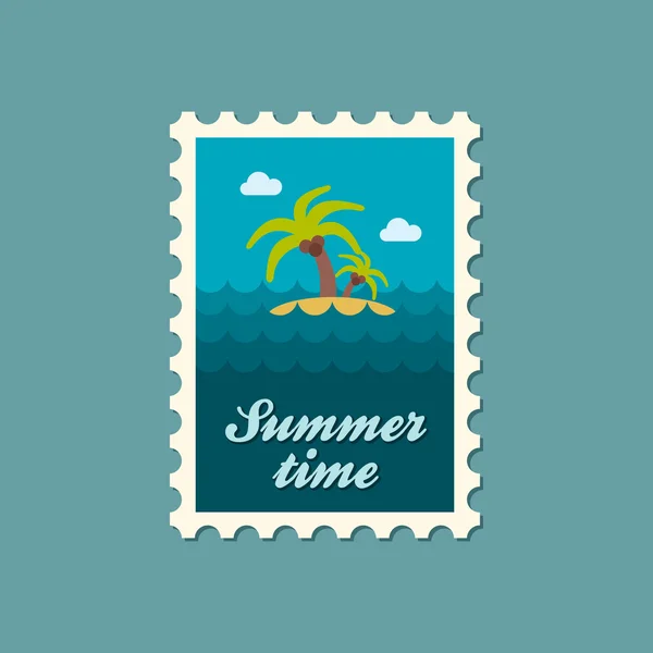 Island with palm trees flat stamp, summertime — Stock Vector