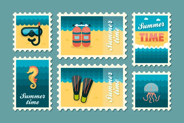 Sommerzeit Briefmarkensatz flach — Stockvektor
