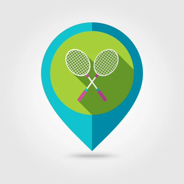 Raqueta de bádminton icono de pin de mapeo plano — Vector de stock