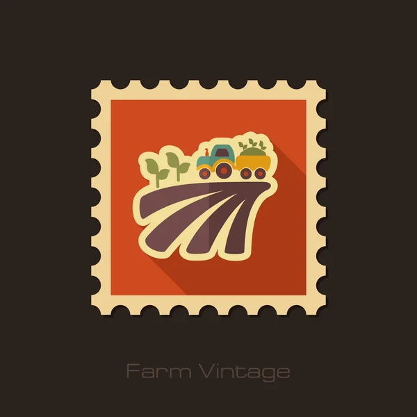 Tractor on field harvest seedling retro flat stamp — Stock Vector