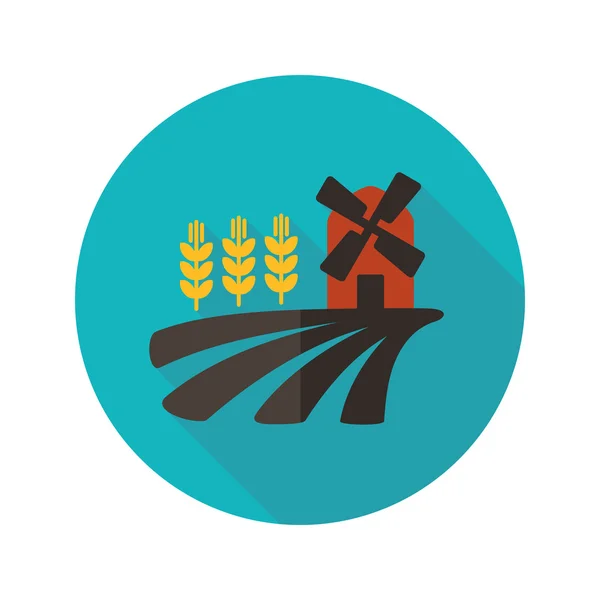 Campo con un molino y trigo icono plano — Vector de stock