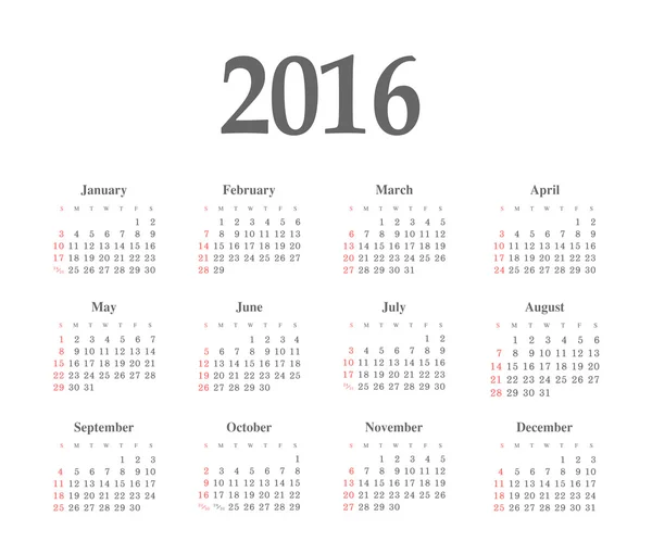 Einfacher Jahresvektorkalender 2016 — Stockvektor