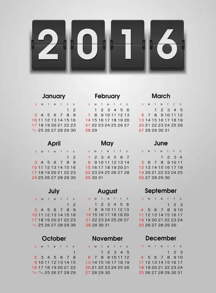 Calendário 2016 ano — Vetor de Stock