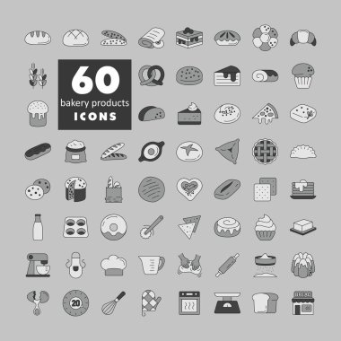 A comprehensive set of 60 grayscale icons for bakery products and kitchen tools. Perfect for websites, menus, and food-related applications