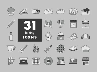 A comprehensive set of 31 grayscale icons for bakery items and baking tools. Perfect for menus, food blogs, and kitchen-related websites or apps