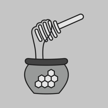 A simple grayscale icon of a honey pot with a dipper. This illustration is perfect for food, organic, and kitchen-themed designs, symbolizing natural sweetness and harvest.