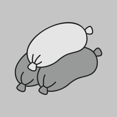 İki çiğ ya da pişmiş sosis, barbekü menüleri ya da Alman yemek reklamları için ideal, minimal düz tasarım vektörü gri ölçek simgesi