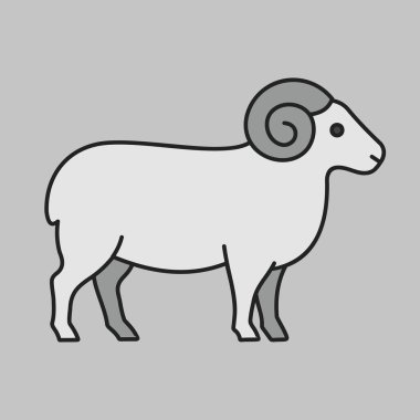 Boynuzlu beyaz bir koçun minimal gri tonlama simgesi. Çiftlik hayvanları, çiftlik hayvanları, et veya tarım sembolleri için idealdir.