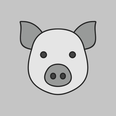 Neşeli domuz kafasının minimal gri tonlama simgesi. Çiftlik, çiftlik hayvanları, et veya maskot tasarım projeleri ve simgeler için ideal