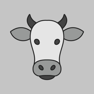 Neşeli bir ineğin minimalist gri tonlama simgesi. Çiftlik, süt ürünleri, sığır eti veya maskot tasarım projeleri ve logolar için ideal