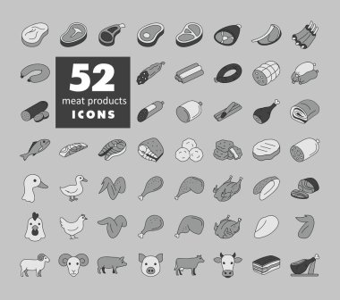 Çeşitli et ve kümes hayvanları, balık ve çiftlik hayvanlarını temsil eden 52 adet minimal gri tonlu simge koleksiyonu. Yemek ve kasap dükkanları için uygun.