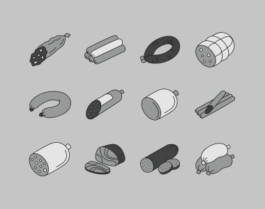 Sosis, salam ve pişirilmiş jambon gibi çeşitli işlenmiş et ürünlerini temsil eden 12 adet minimal gri tonlu ikon koleksiyonu. Kasaplar ve mezeciler için ideal.