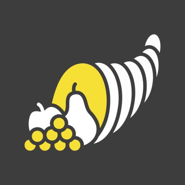 Üzüm, elma ve armut gibi meyvelerle dolup taşan, sonbahar bolluğunu, refahı ve Şükran Günü 'nü simgeleyen koyu renk arkaplan ikonunun klasik siluet vektörü.