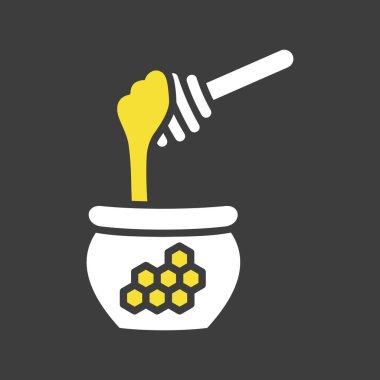 Bal kaplamalı bal çanağının koyu arkaplanındaki vektör silueti organik yiyecek ve tatlılığı simgeliyor. Bu simge arıcılık, gıda ve doğal ürünlerle ilgili tasarımlar için mükemmeldir.