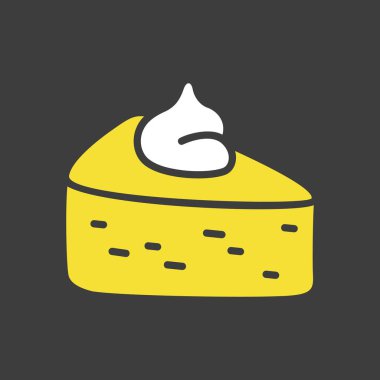 Üzerine krem şanti sürülmüş bir dilim balkabağı turtasının koyu arka planında klasik bir vektör silueti. Bu simge, bayram ziyafetleri ve Şükran Günü kutlamalarını sembolize ediyor..