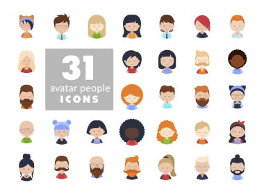 Avatar bağlantılı vektör simgeleri kümesi. Kişi, kullanıcı, erkek, kadın, insan ve daha fazlası gibi simgeleri içerir.