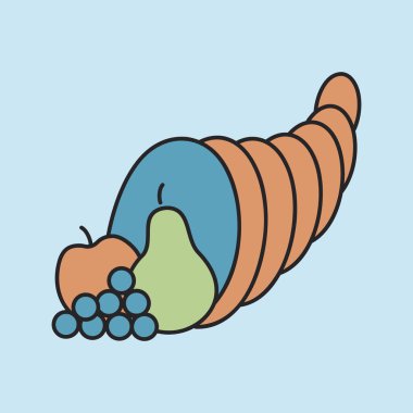Sonbahar sebze ve meyvelerinin bol hasadı ile dolup taşan geleneksel bir cornucopia ikonu. Şükran Günü ve mevsimsel tasarımlar için bereket ve minnettarlığın mükemmel bir sembolü..