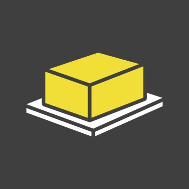 Küçük bir tabakta bir kalıp tereyağını gösteren basit bir siyah kabartma simgesi. Bu simge pişirme, pişirme ve mutfak malzemelerini temsil etmek için mükemmeldir..