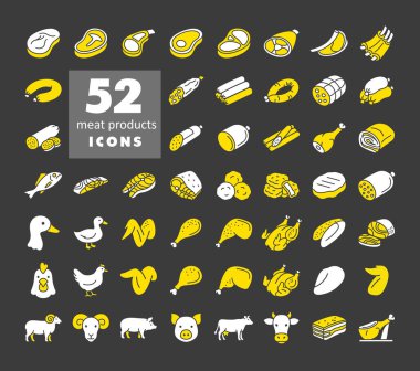 Çeşitli et, kümes hayvanları, balık ürünleri, kesikler ve hayvanlar için 52 adet siyah kabartma simge koleksiyonu. Kasap dükkanları, restoran menüleri ya da yemek dağıtım uygulamaları için düz asgari vektör sanatı