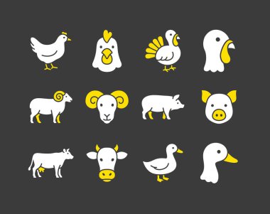 Domuzlar, inekler, koyunlar, hindiler, tavuklar ve ördekler de dahil olmak üzere 12 kara glyph ikonu çiftlik hayvanı ve kümes hayvanı koleksiyonu. Çiftçilik, et veya tarım temaları için minimal düz vektör sanatı.
