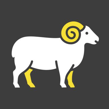 Büyük kıvrımlı boynuzları olan ayakta duran bir koçun siyah sembolü. Basit düz dizayn çiftçilik, et ve burç astroloji projeleri için mükemmeldir..