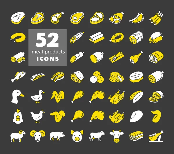 Çeşitli et, kümes hayvanları, balık ürünleri, kesikler ve hayvanlar için 52 adet siyah kabartma simge koleksiyonu. Kasap dükkanları, restoran menüleri ya da yemek dağıtım uygulamaları için düz asgari vektör sanatı