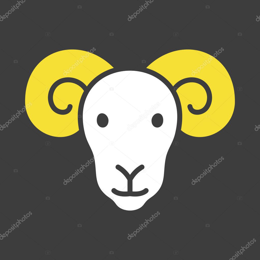 Black glyph icon of a ram head with prominent curled horns. Bold flat design for meat packaging, farming logos, or the Aries zodiac sign.
