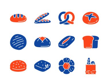 Somunlar, baget ve çörekler de dahil olmak üzere çeşitli ekmek türlerini temsil eden siyah kabartma simgelerinden oluşan bir koleksiyon. Bu set menüler, yemek blogları veya fırınla ilgili tasarımlar için mükemmeldir..