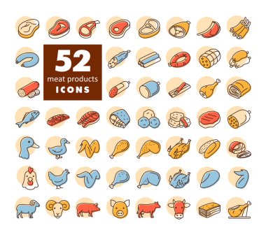 Çeşitli et ve kümes hayvanları, balık ve çiftlik hayvanlarını temsil eden 52 minimalist düz çizgi resim ikonundan oluşan geniş bir koleksiyon. Yemek ve kasap dükkanları için uygun.