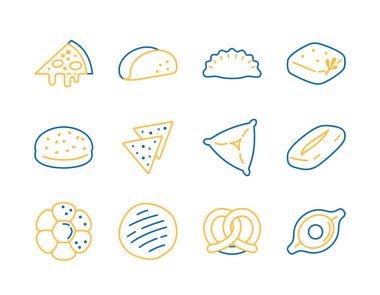 A vector icon collection of diverse savory baked goods, including pizza, tacos, and various ethnic breads. Ideal for menus, food apps, and restaurant websites