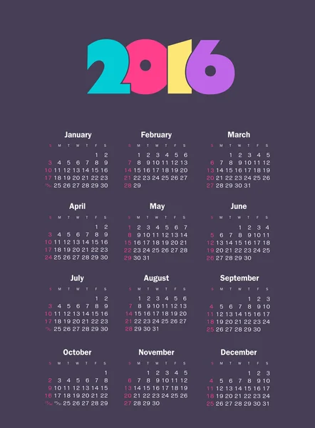 Einfacher Jahresvektorkalender 2016 — Stockvektor