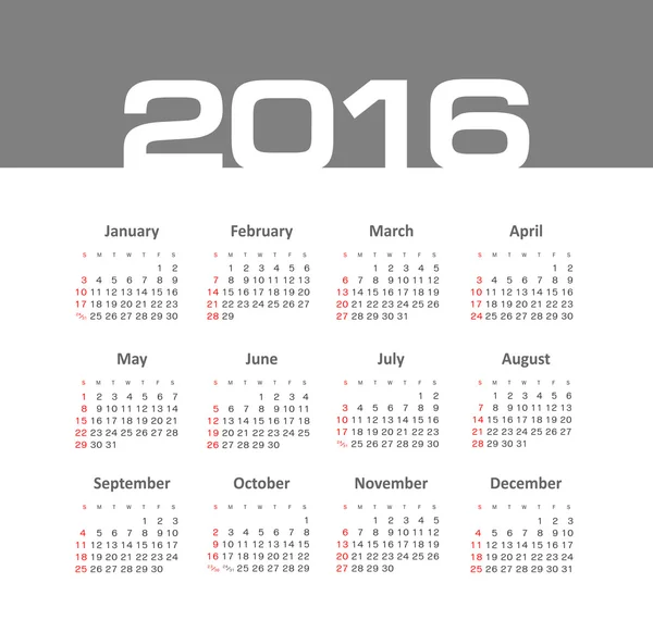 Eenvoudige 2016 vector jaarkalender — Stockvector