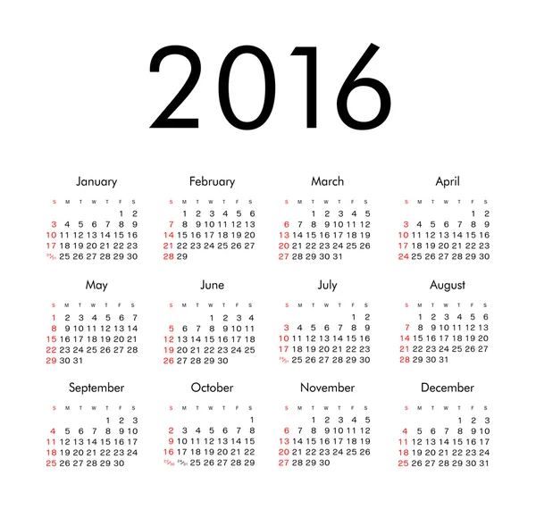 Simple 2016 año vector calendario — Vector de stock