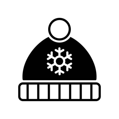 Kar taneli ve ponpon taşıyıcı sert ikonlu kış şapkası. Kış işareti. Olay ve tatil web sitesi için grafik sembolü ve uygulama tasarımı, logo, uygulama, UI