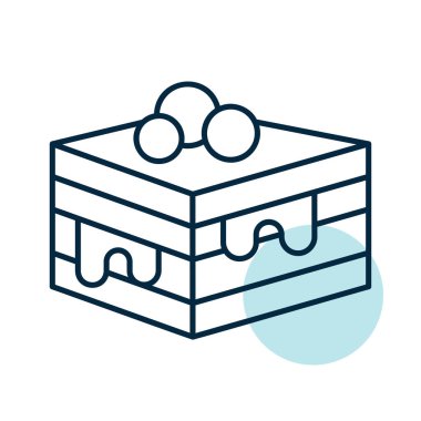 Üzerinde kırmızı böğürtlen katmanlı ve üzeri kırmızı böğürtlenli klasik Napolyon pastası tatlısı olan doğrusal bir ikon..