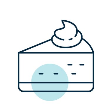 Üzerine krem şanti sürülmüş lezzetli bir dilim cheesecake ile kısmi renk dolu doğrusal bir ikon. Menüler, şekerlemeler ve tatlı tasarımları için mükemmel..