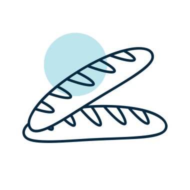 Kısmi renk dolgusu olan doğrusal bir simge, iki yeni pişmiş Fransız ekmeğini gösteriyor. Fırın, ekmek ve kahvaltı kavramları için ideal..