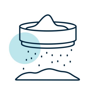 Klasik un süzgecini gösteren, kısmi renk dolgusu olan doğrusal bir simge. Pişirme, pişirme ve mutfak aletleri için idealdir..