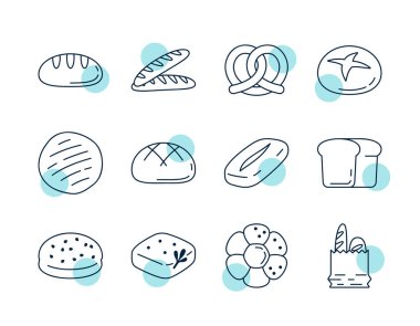 Ekmek, baget ve pişmiş ürünlerin çeşitli türlerinin yer aldığı kısmi renk dolgusu içeren 12 doğrusal simge seti. Fırın, kafe ve yemekle ilgili tasarımlar için mükemmel..