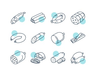 Çeşitli sosisleri ve pişirilmiş etleri gösteren basit sanat simgeleri koleksiyonu, menüler ve kasap dükkanları için harika..