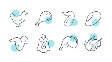 Tüm tavuk, kesim ve parçaları içeren basit bir çizgi sanat vektör ikonu koleksiyonu, menüler, kasap dükkanları veya yemek grafikleri için ideal.