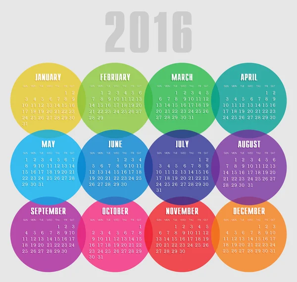 Calendario 2016 año con círculo de colores — Archivo Imágenes Vectoriales