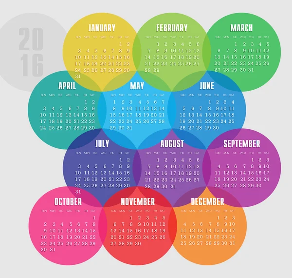 Calendario 2016 año con círculo de colores — Archivo Imágenes Vectoriales