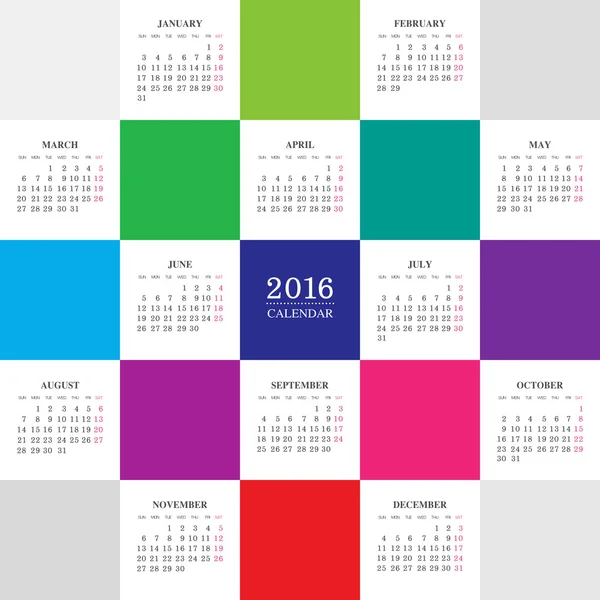 与彩色正方形日历 2016 年 — 图库矢量图片